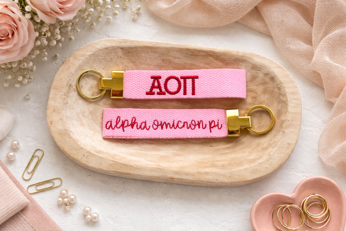 Embroidered Alpha Omicron Pi Sorority Key Ring – Personalized Greek Letter Keychain