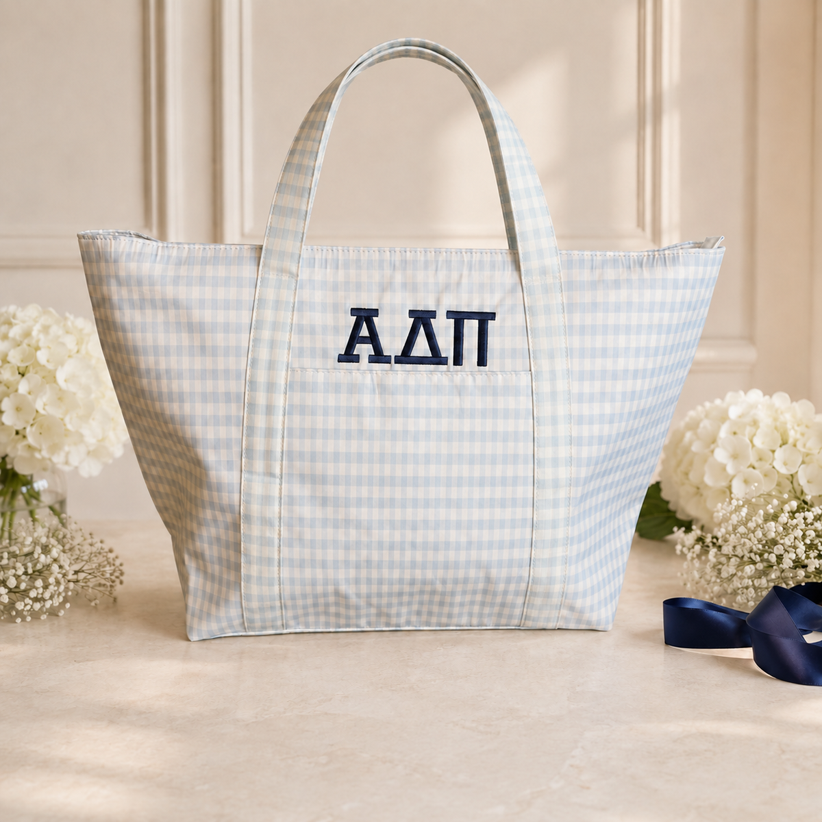 ADPI Light Blue Gingham Sorority Tote Bag – Personalized Greek Letter Tote