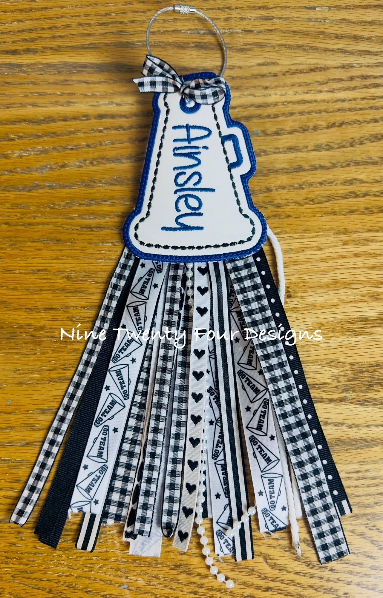Custom Cheer Bag Tag, Personalized Megaphone Keychain, Embroidered Cheerleader Gift, Glitter Ribbon Backpack Tag