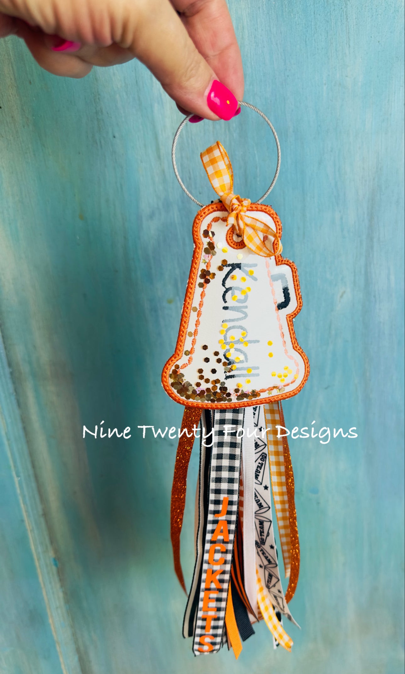 Custom Cheer Bag Tag, Personalized Megaphone Keychain, Embroidered Cheerleader Gift, Glitter Ribbon Backpack Tag
