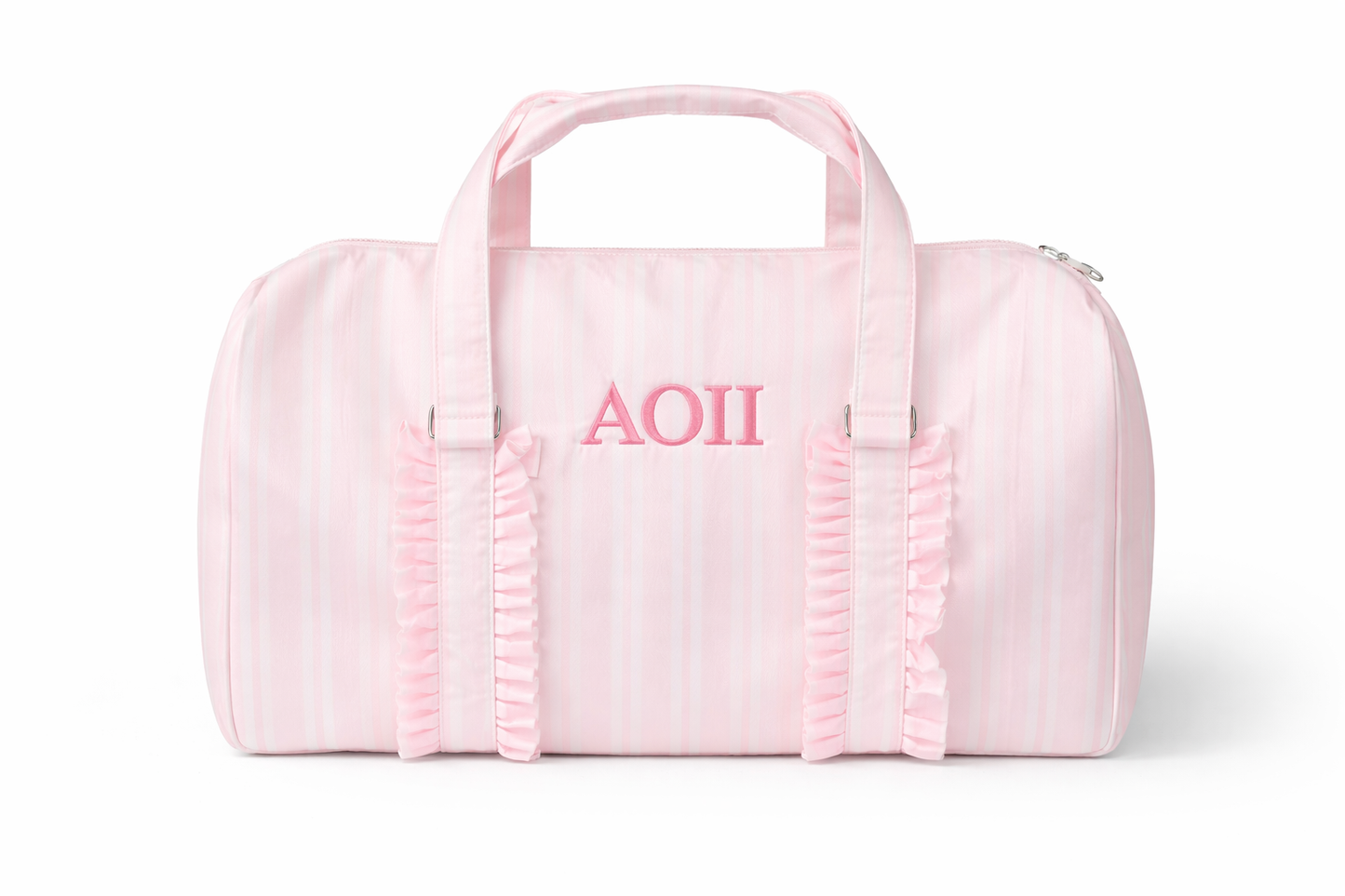 AOII embroidered pink stripe duffle bag
