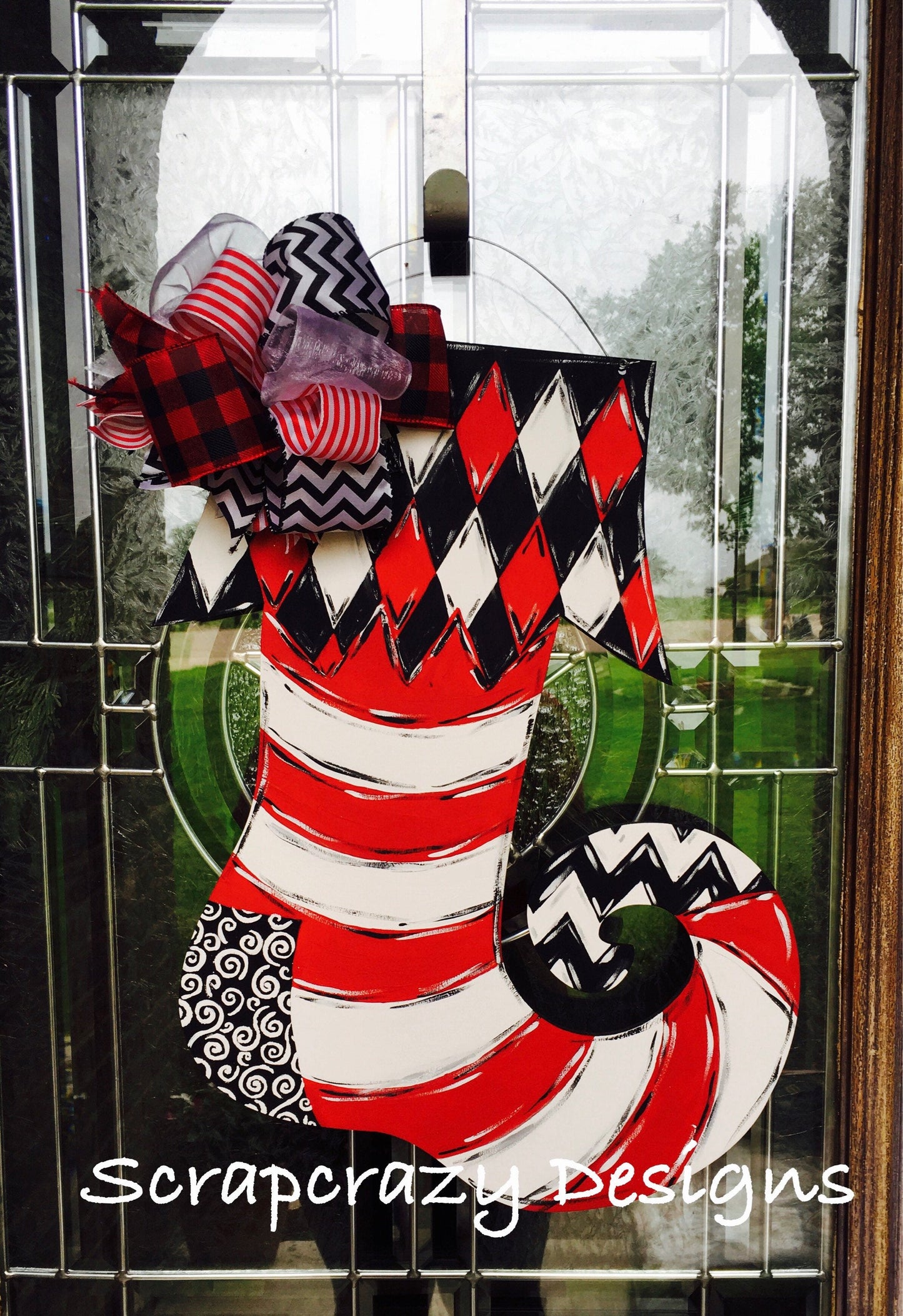 Harliquin funky stocking, stocking doorhanger, christmas door hanger, christmas, door hanger, stocking, holiday door hanger, funky stocking