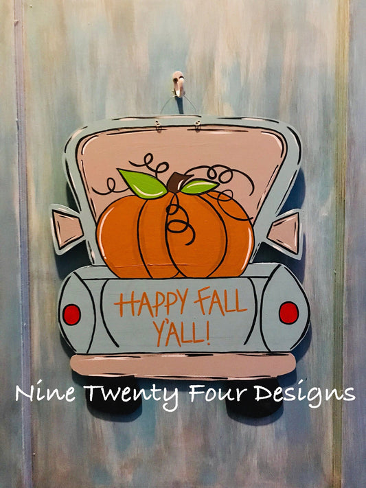 Pumpkin truck, fall door decor, painted pumpkin, fall, fall door hanger, wood door hanger, door hanger, turkey door hanger,