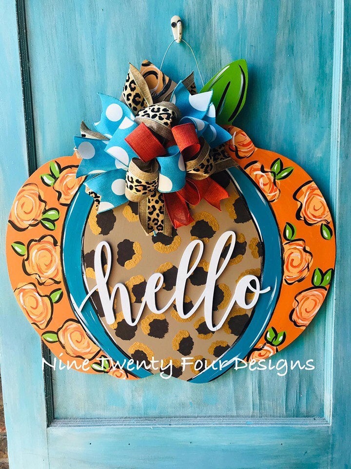 Leopard Floral Pumpkin, fall door decor, painted pumpkin, fall, pumpkin door hanger, wood door hanger, door hanger, plaid pumpkin