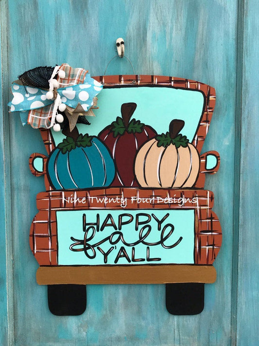 Happy fall Pumpkin truck, fall door decor, painted pumpkin, fall, fall door hanger, wood door hanger, door hanger, turkey door hanger,