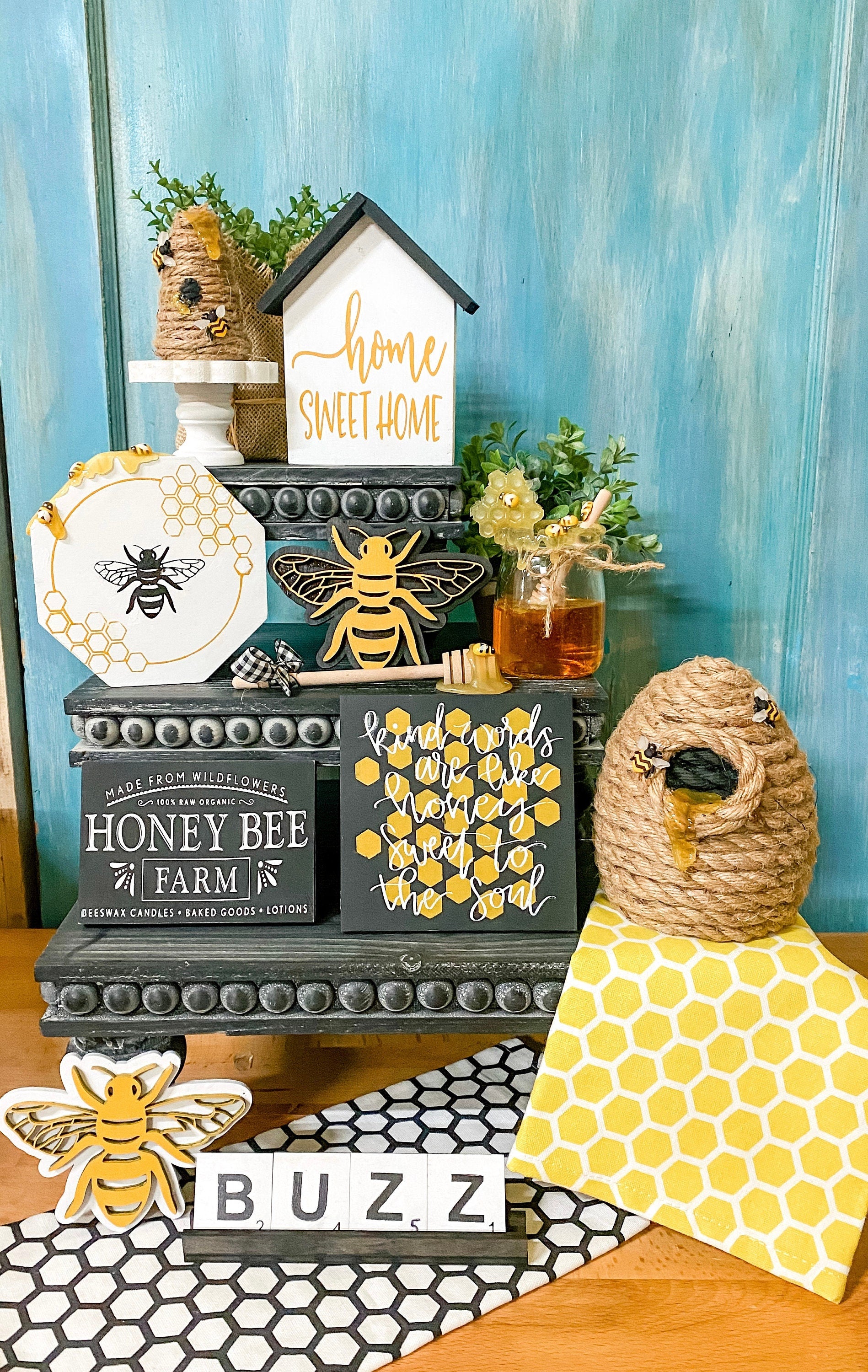 Farmhouse Honey Bee Tiered Tray Sign, Wooden Honey Bee Tiered Tray