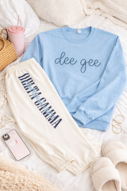 Delta Gamma Sweatshirt Set, Licensed Delta Gamma Sorority Lounge Set, Embroidered Dee Gee Fleece Outfit
