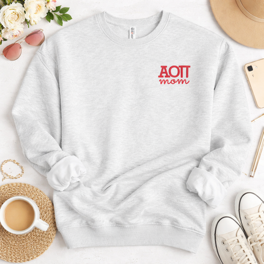 AOII Mom Sweatshirt Embroidered Puff Crewneck, Alpha Omicron Pi Greek Mom College Spirit Wear, Unisex NuBlend Pullover