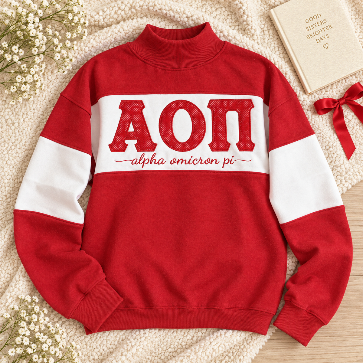 Alpha Omicron Pi Red & White Colorblock Mockneck Sweatshirt