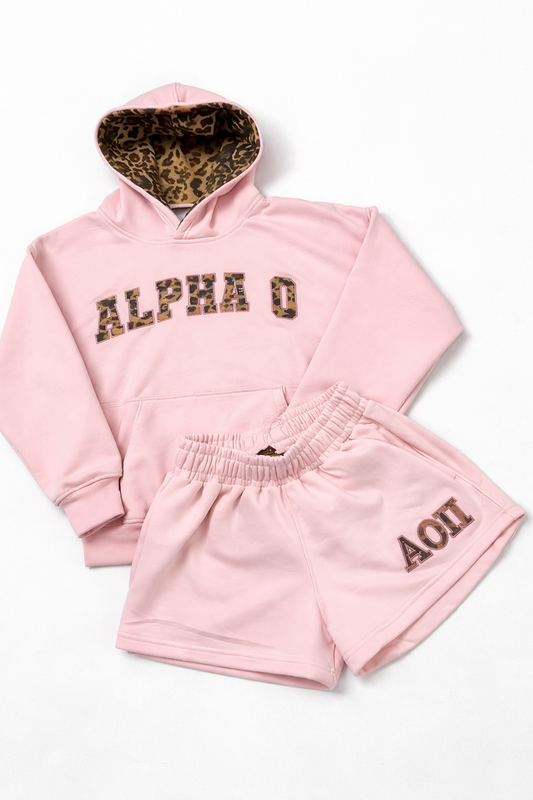Pre-order Alpha O Pink Leopard Hoodie Short Set