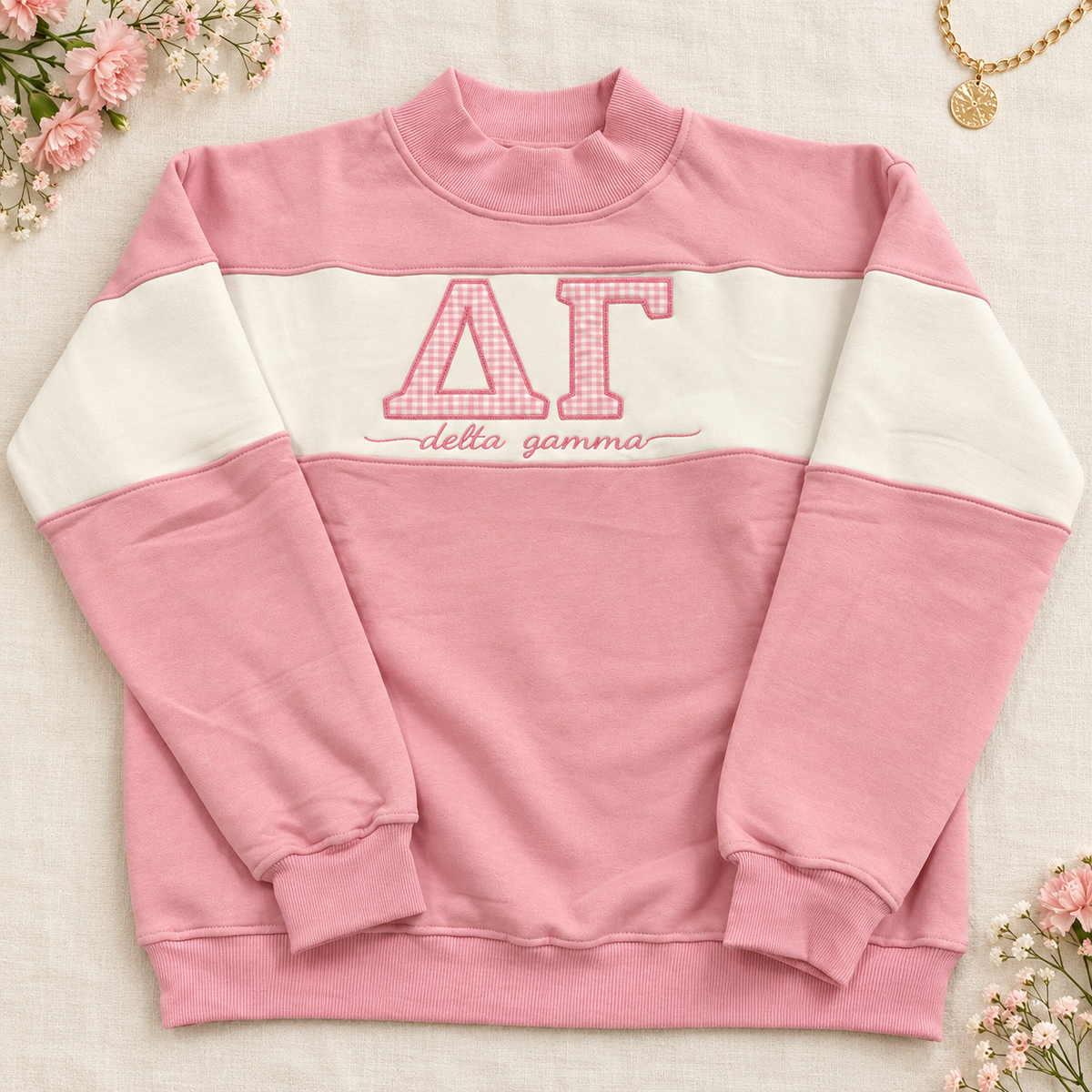 Delta Gamma Pink Gingham Colorblock Mockneck Sweatshirt