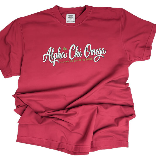 Licensed Alpha Chi Omega Script Embroidered Comfort Colors® T-Shirt | Sorority Tee | Greek Apparel | AXO Gift
