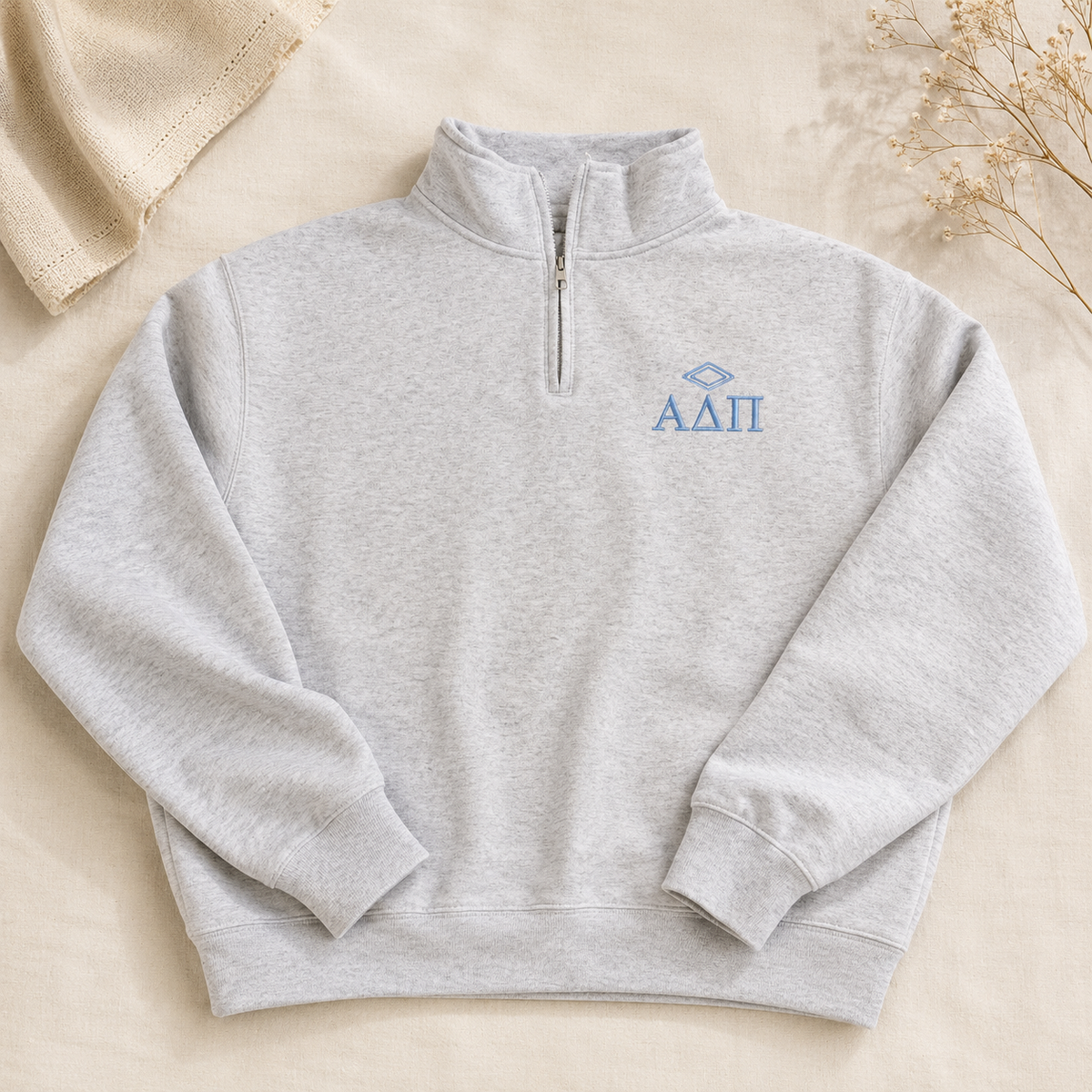 Alpha Delta Pi Embroidered Quarter Zip Sweatshirt – Light Ash Grey