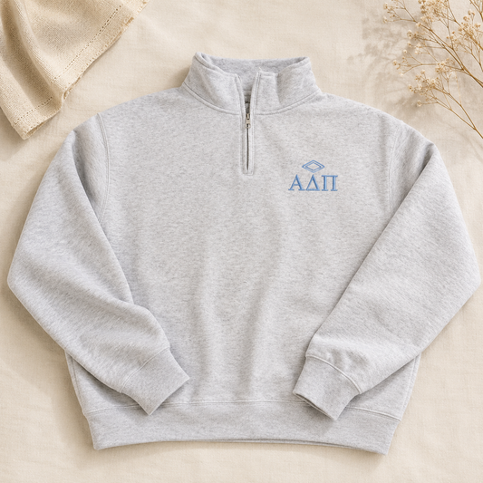 Alpha Delta Pi Embroidered Quarter Zip Sweatshirt – Light Ash Grey