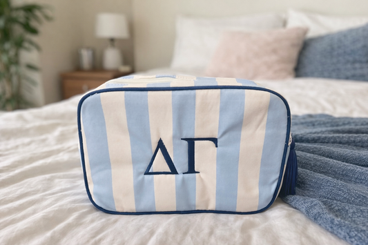 Delta Gamma Embroidered Cosmetic Bag – Blue Striped Sorority Makeup Pouch with Tassel