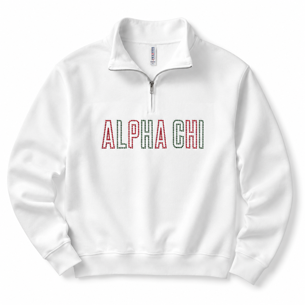 Alpha Chi Embroidered Quarter Zip Sweatshirt | Greek Licensed | Red & Green Dot Embroidery