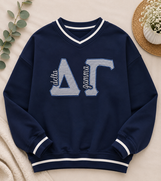 Delta Gamma Varsity V-Neck Sweatshirt — Navy
