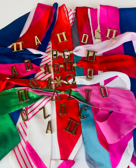 Greek Letter Charm Twilly Scarf – Luxe Sorority Accessory with Gold Metal Letters