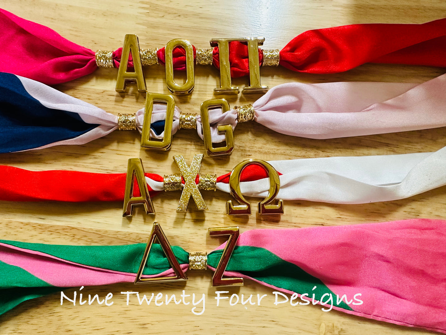 Greek Letter Charm Twilly Scarf – Luxe Sorority Accessory with Gold Metal Letters