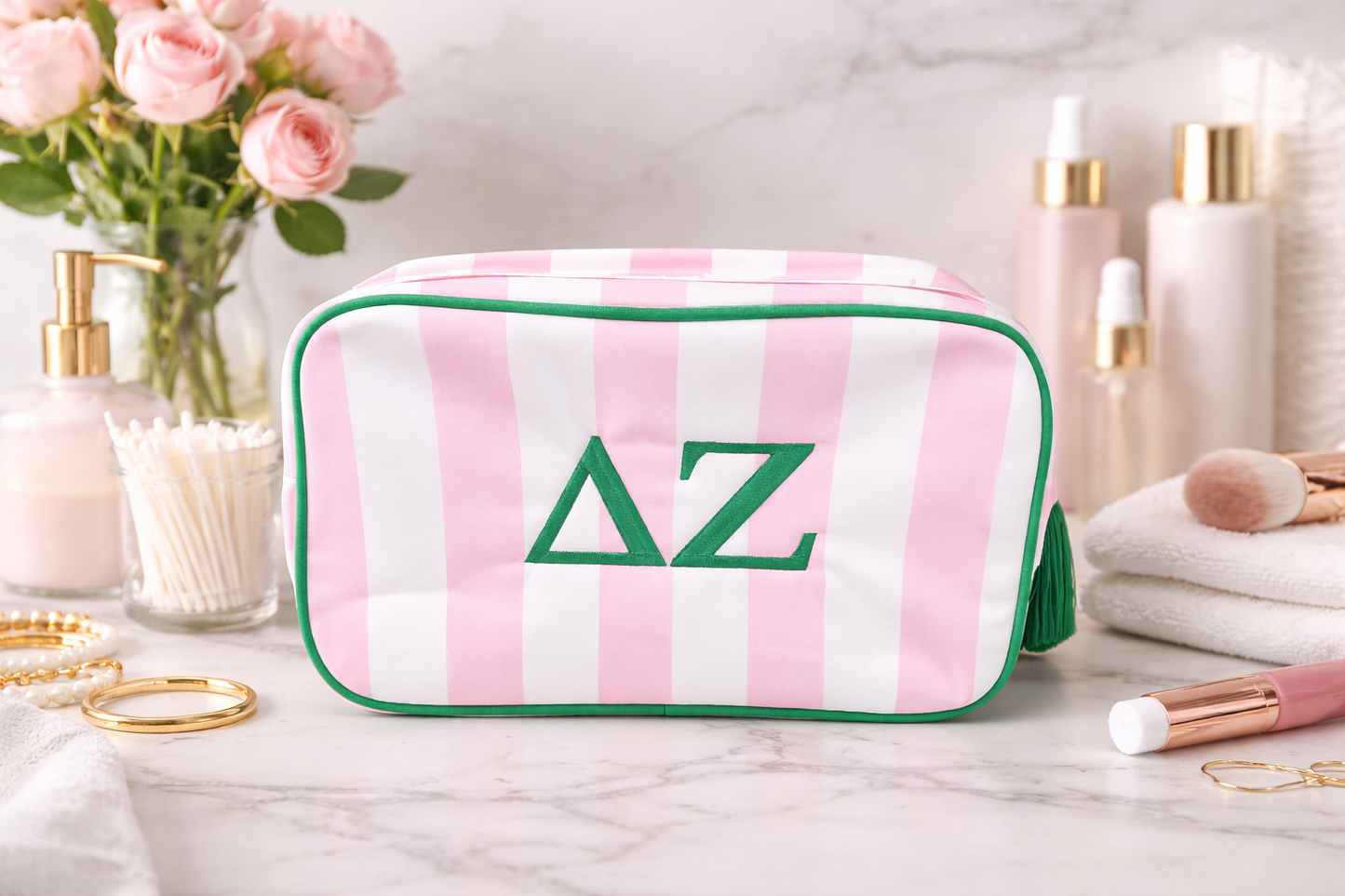 Delta Zeta Pink/Green cosmetic bag