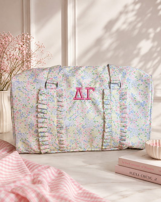 Floral Ruffle Duffle Bag – Personalized Greek Letter Travel Bag