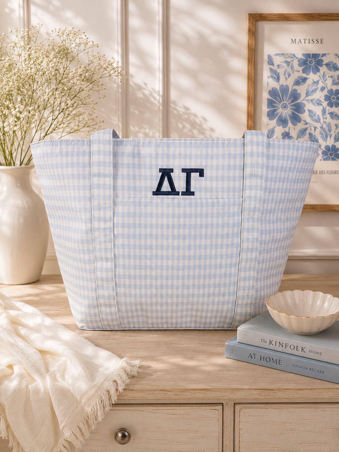 Delta Gamma Blue Gingham Embroidered Tote Bag