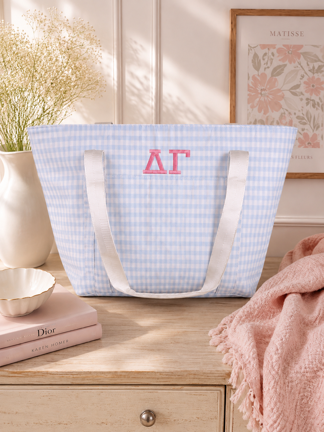 Delta Gamma Blue Gingham Embroidered Tote Bag