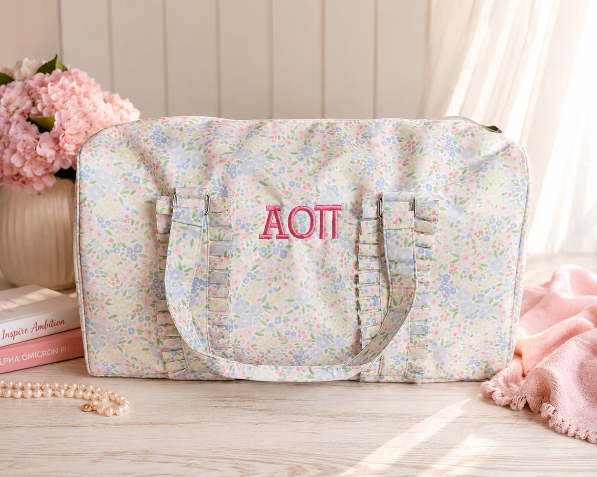 Floral Ruffle Duffle Bag – Personalized Greek Letter Travel Bag