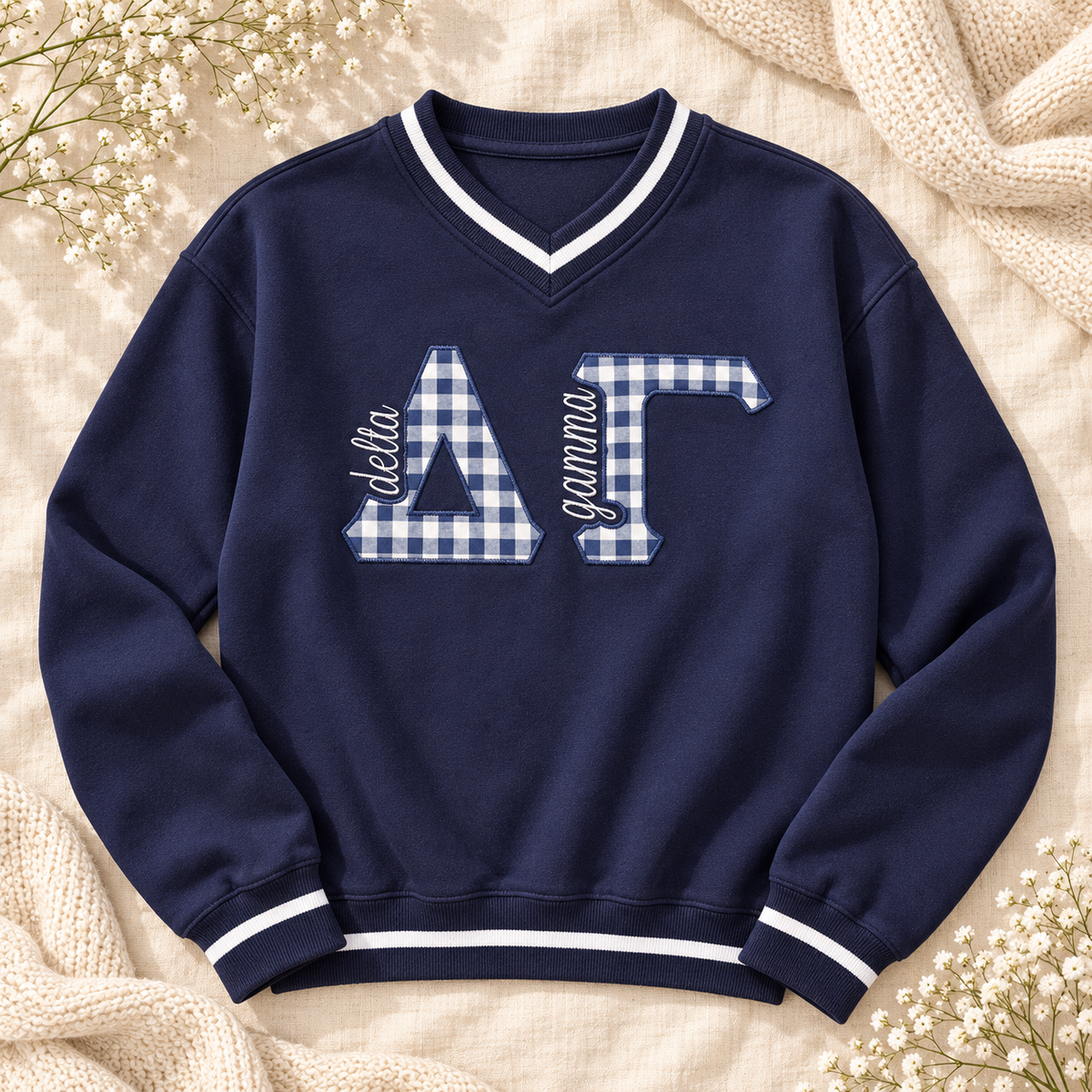 Delta Gamma Varsity V-Neck Sweatshirt — Navy