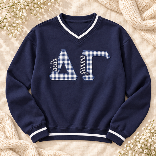Delta Gamma Varsity V-Neck Sweatshirt — Navy