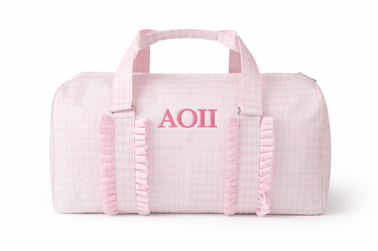 AOII embroidered pink plaid duffle bag