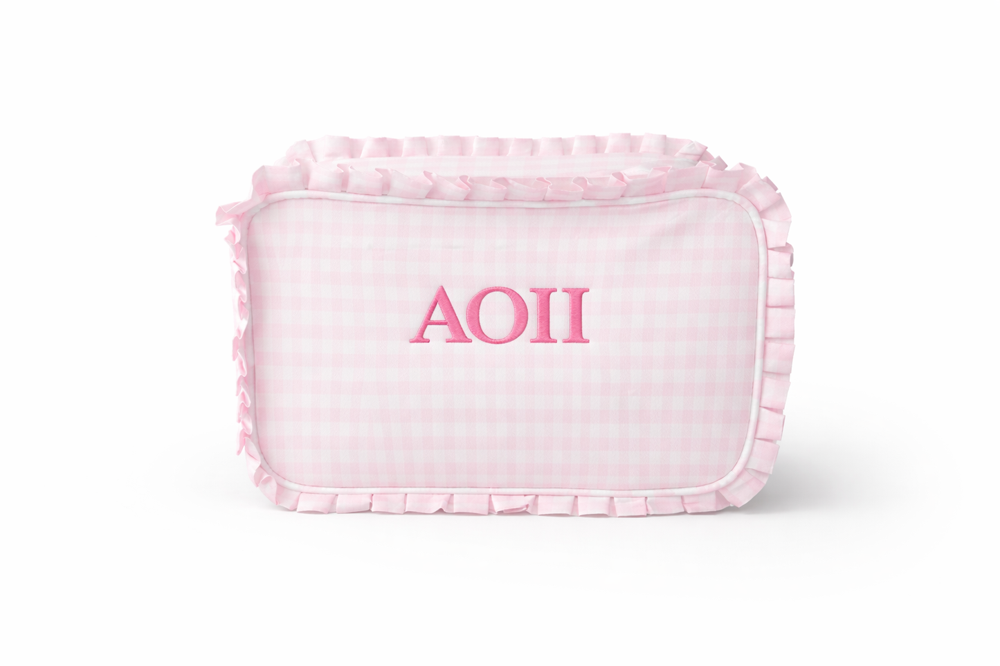Alpha Omicron Pi (AOII) Licensed Pink Plaid Ruffle Cosmetic Bag