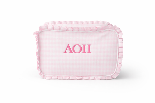 Alpha Omicron Pi (AOII) Licensed Pink Plaid Ruffle Cosmetic Bag