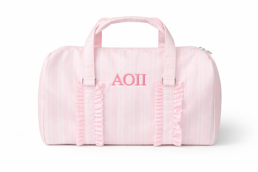 AOII embroidered pink stripe duffle bag