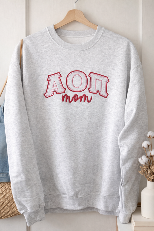 AOII Mom Sweatshirt Embroidered Puff Crewneck, Alpha Omicron Pi Greek Mom College Spirit Wear, Unisex NuBlend Pullover