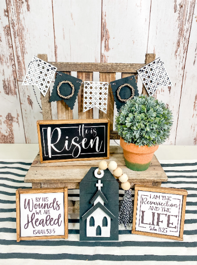 6 Pieces Easter Tiered Tray Decor Spring Religious Wooden Signs with  Hanging Wreath Small Wood Tray Bunny He is Risen Tiered Center Piece  Vintage