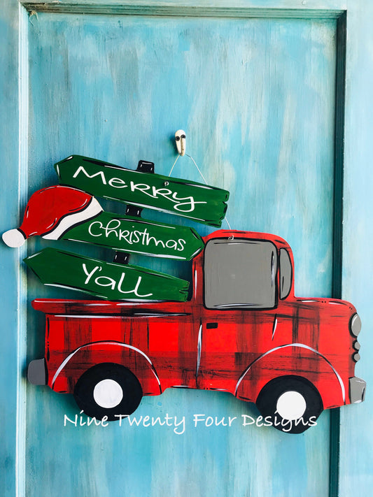 Red Truck, truck door hanger, Christmas decor, Christmas truck, holiday decor, porch decor, outdoor decor, holiday decoration