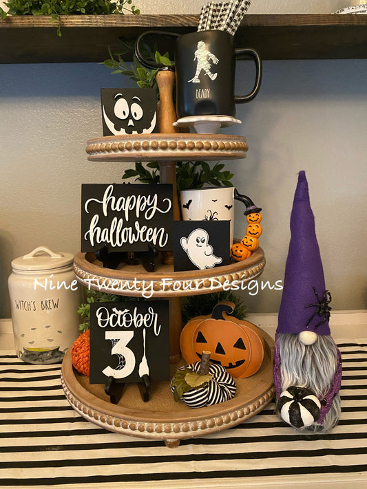 Black white Halloween sign set, halloween set, halloween tiered tray signs, 3D signs, witch gnome