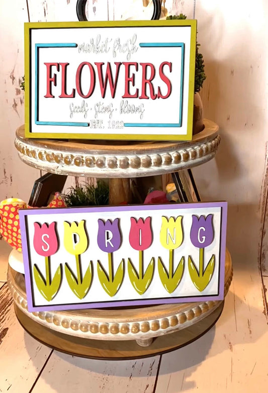 Spring Tiered tray signs, Spring decor