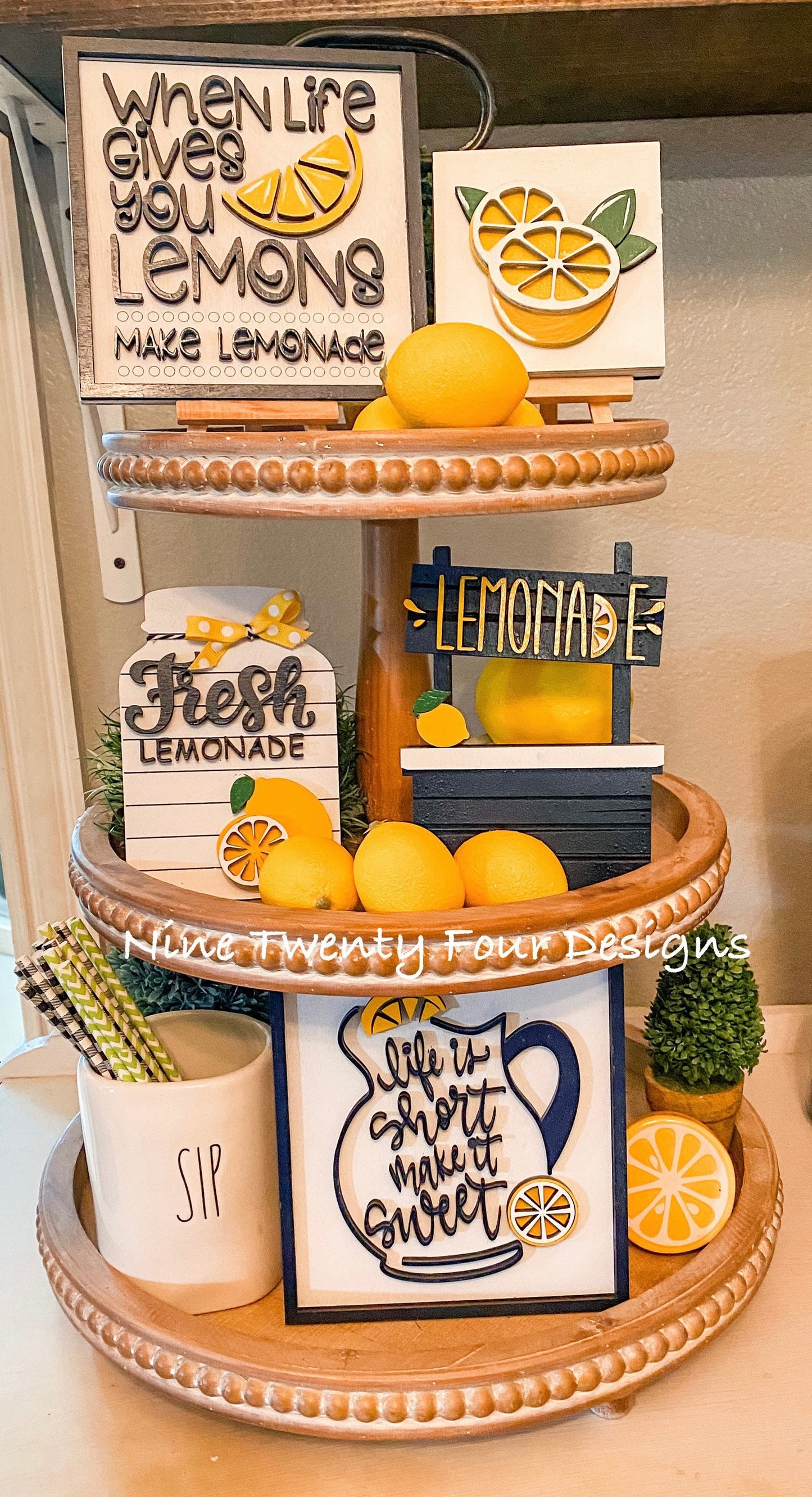 Lemonade tiered tray decor, lemon signs, lemon decor