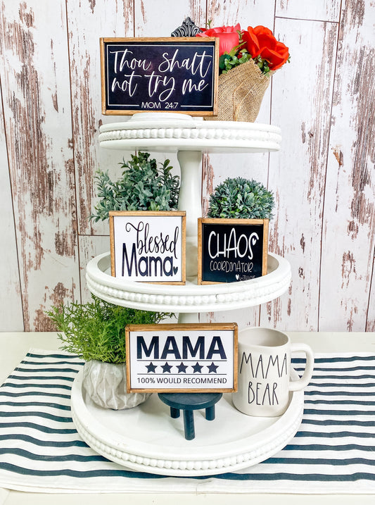 Mom/Mothers Day tiered tray set./Thou shalt not try me/Blessed Mama/Chaos Coordinator/ custom, personalized Mother’s Day, birthday