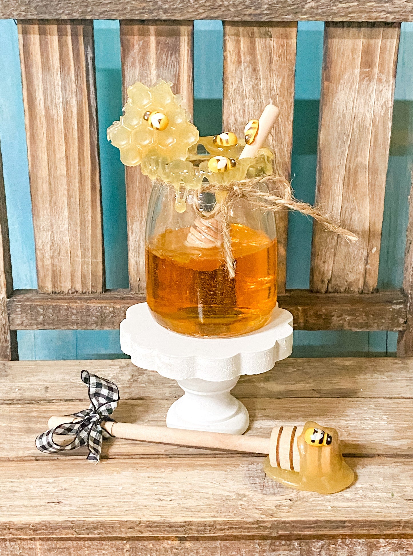 Faux/ Fake Honey Pot withs Bees and Dipper, Tiered Tray Decor, Summer Decor, Bee Decor, Farmhouse Decor