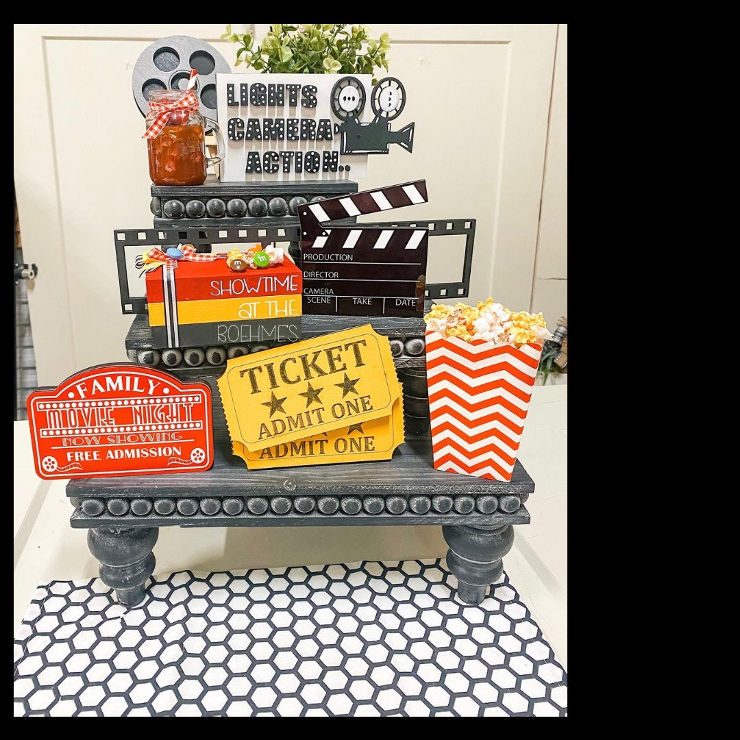 Media room decor, media room signs, home theatre decor, movie fan tiered tray decor, farmhouse signs