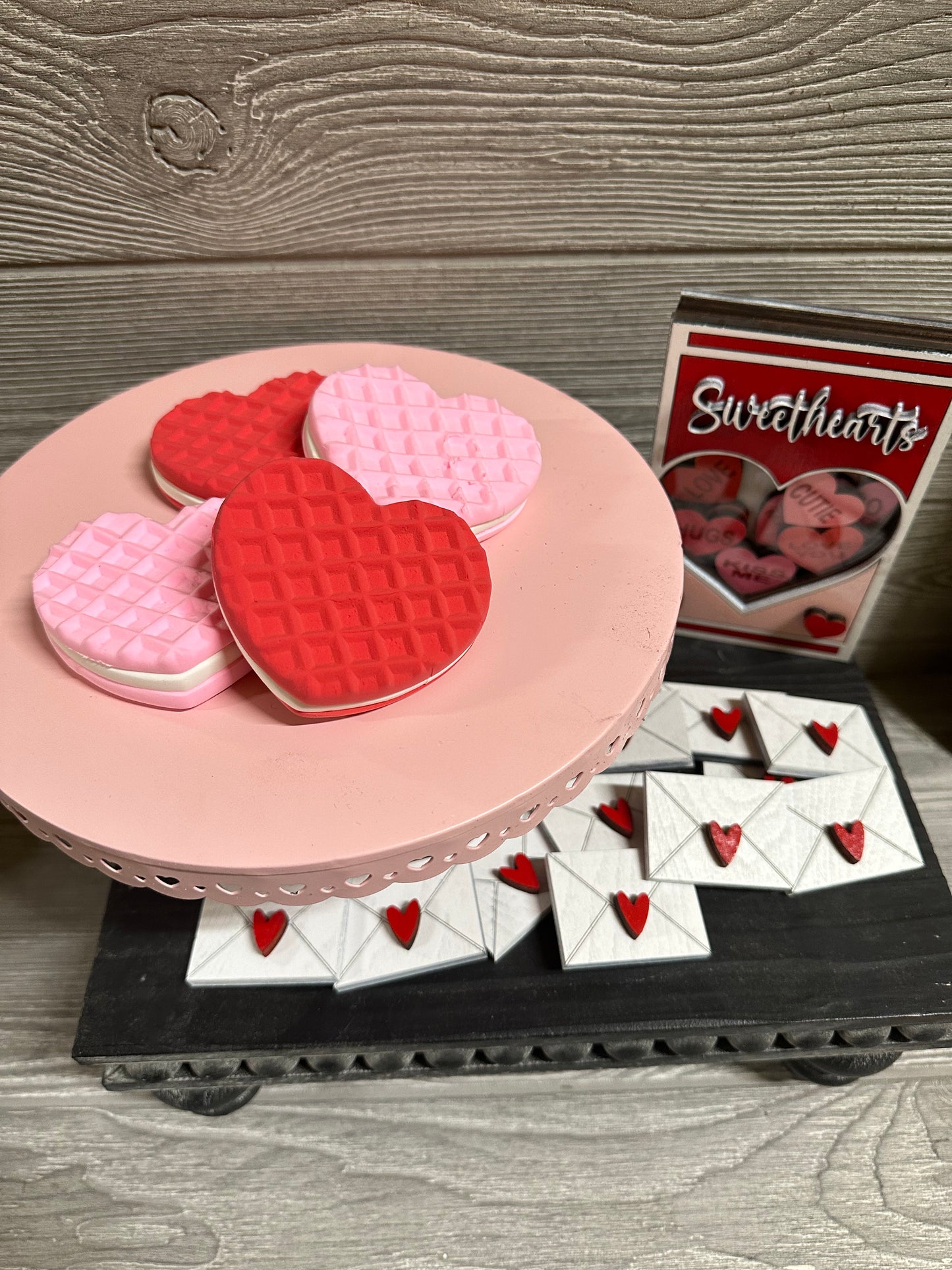 Set of 2 fake heart waffle macaroon cookies, valentines decor, valentines  table scape, tiered tray decor, farmhouse decor